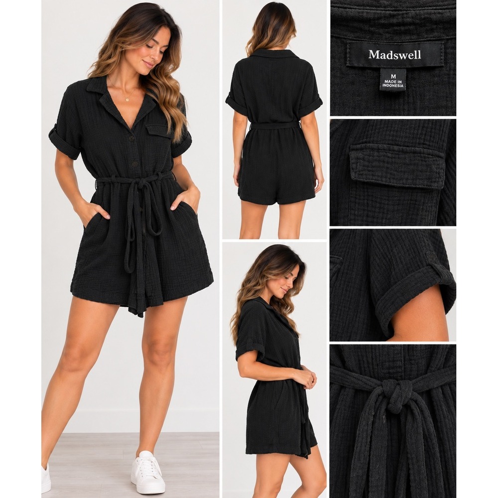 Madewell Black Double Gauze Button Front Short Sleeve Romper Size M